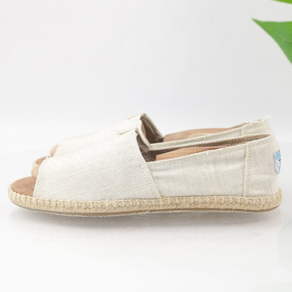 TOMS Women's Alpargata Open Toe Flats Size 7.5 Slip On Beige Linen Boho Shoe - Picture 9 of 13